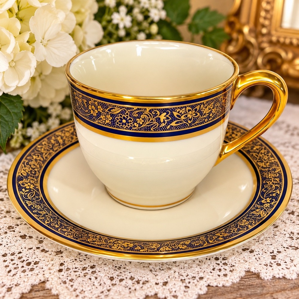 Lenox Barclay Tea Cup and Saucer Set Ivory Cobalt Blue Gold Filigree USA